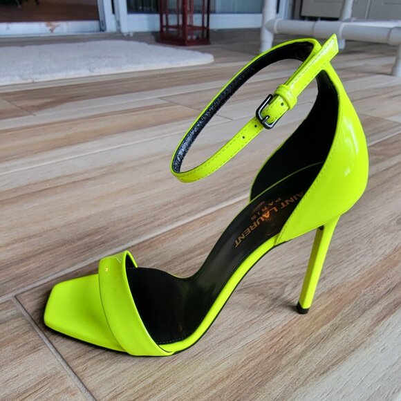 YSL Yves Saint Laurent Paris Neon Fluorescent Yellow Strap Stilettos Eur. 36.5